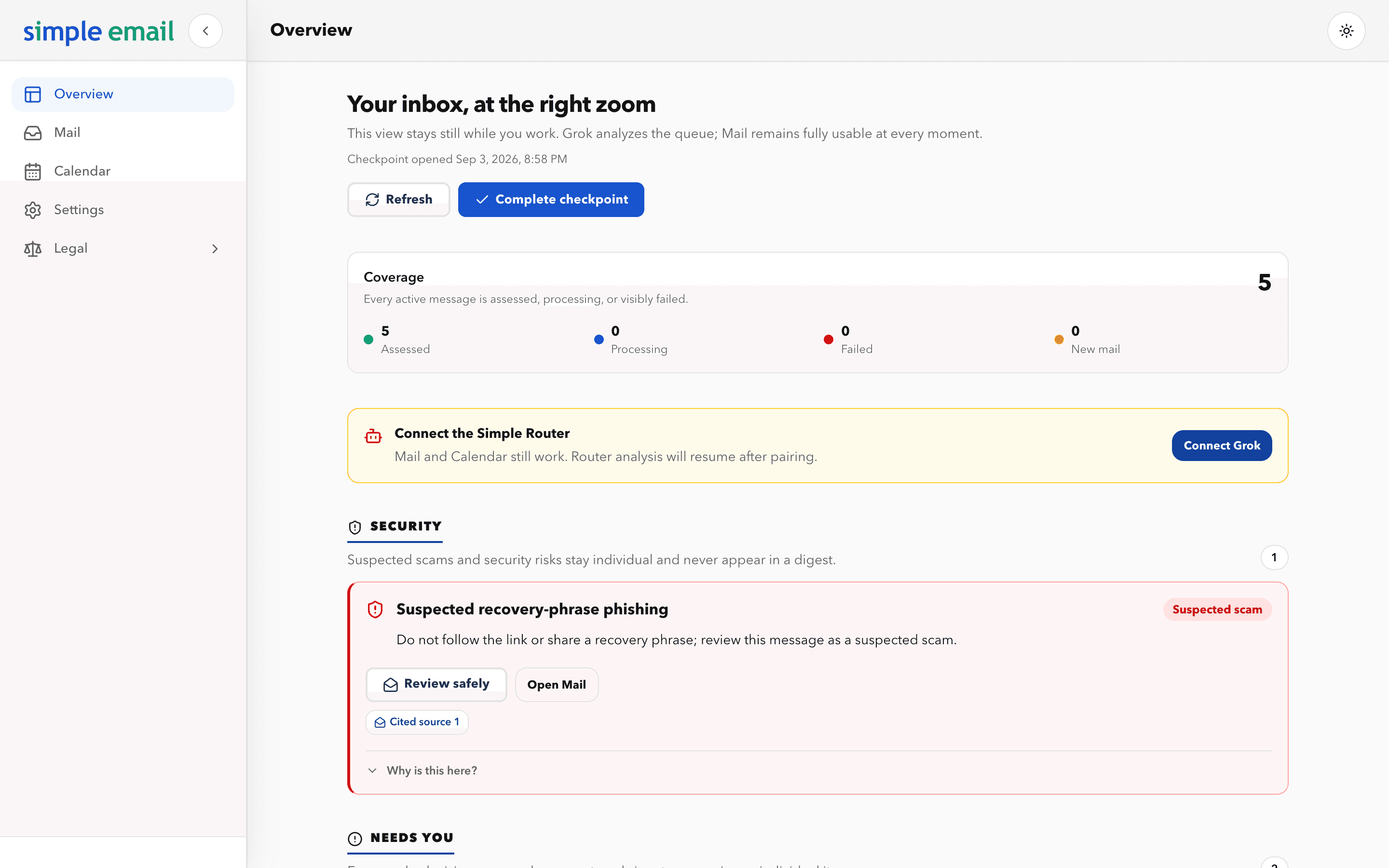 Simple Email Overview showing Needs you, cited Summaries, Handled by Grok, and exact inbox coverage.