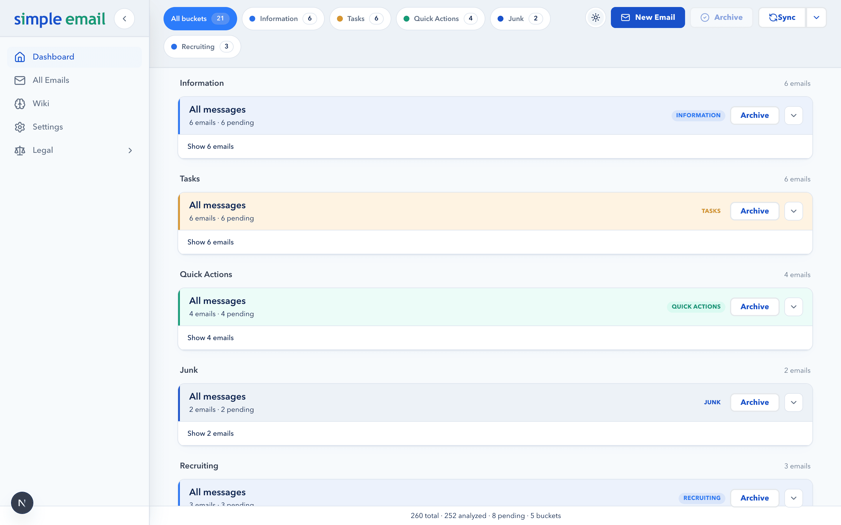 Simple Email dashboard grouping messages into Information, Tasks, Quick Actions, and Junk buckets with counts.