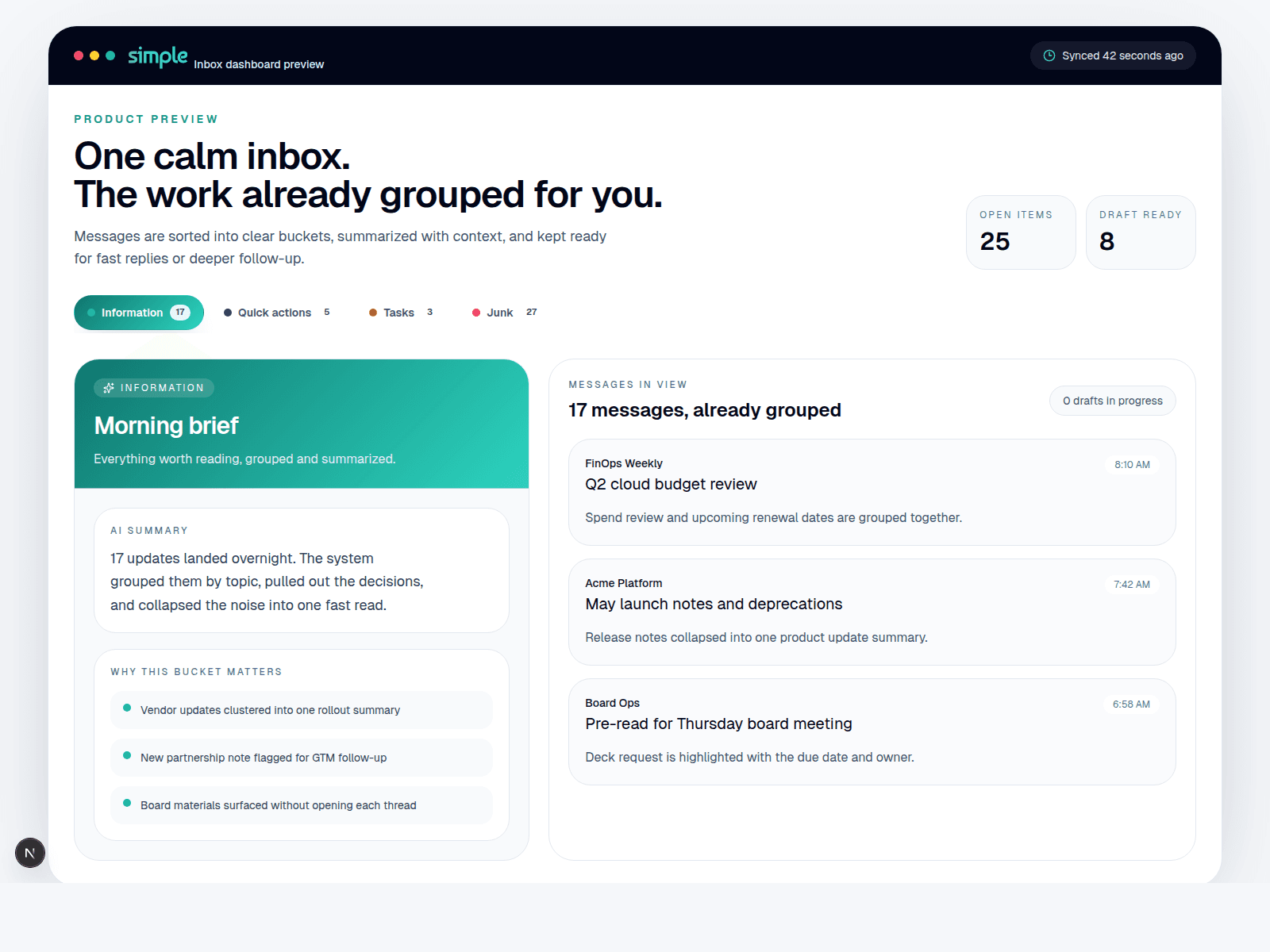 simple email dashboard showing grouped email buckets, AI summaries, and action-ready messages.