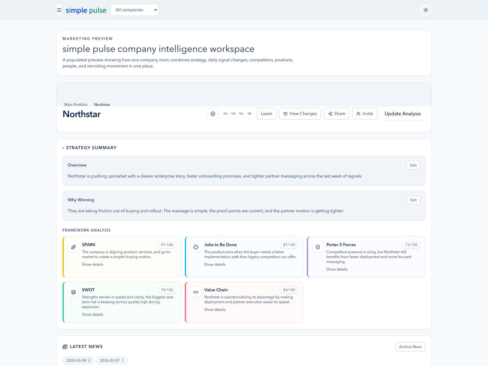 Simple Pulse company intelligence workspace showing strategy, latest news, competitors, products, and recruiting signals.